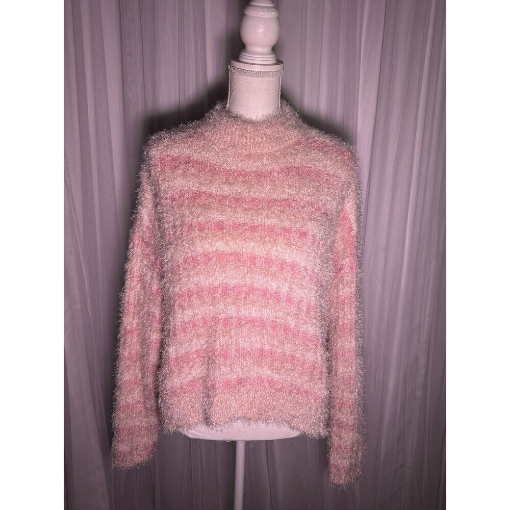 Candie's XL Sweater Pink Striped Ribbed Eyelash Fuzzy Soft Coquette Cottage - Picture 2 of 4